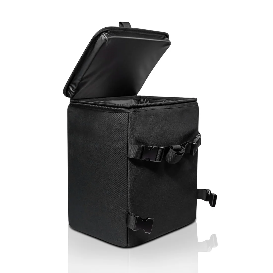 Double Deez Goodz black 3.4-gallon car trash can on a white background with its lid open, showing the lined interior and adjustable side straps.